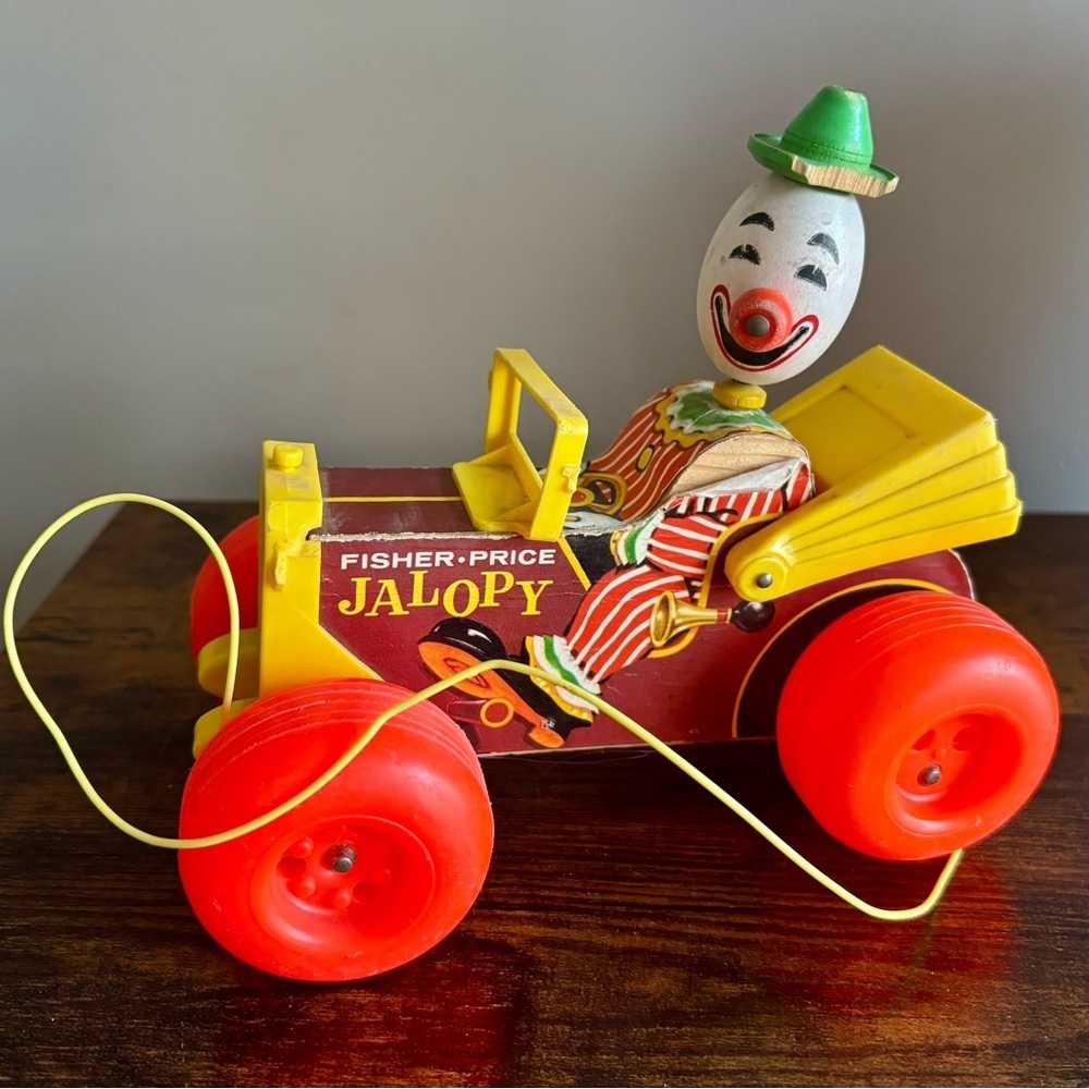 Fisher-Price| 1965 Vintage Jalopy Pull Clown Car Wood/Plastic Red Yellow #724
